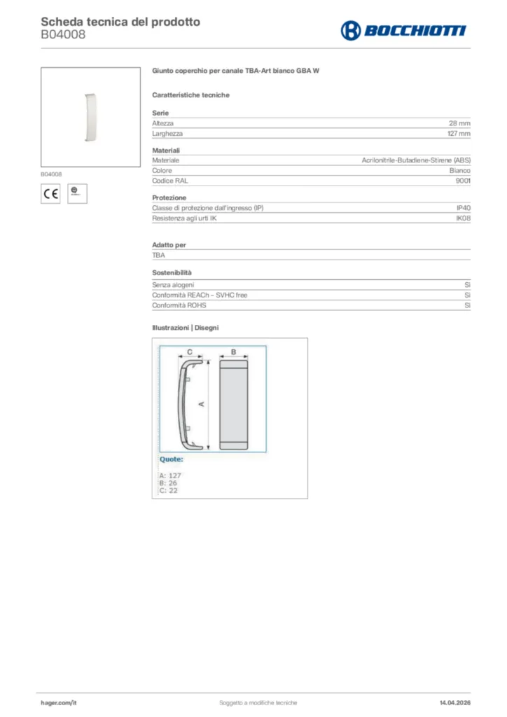 Immagine Bocchiotti Scheda tecnica del prodotto B04008 | Hager Italia