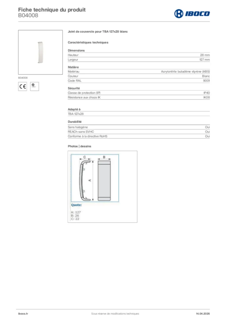 Image Iboco Fiche technique du produit B04008 | Hager France