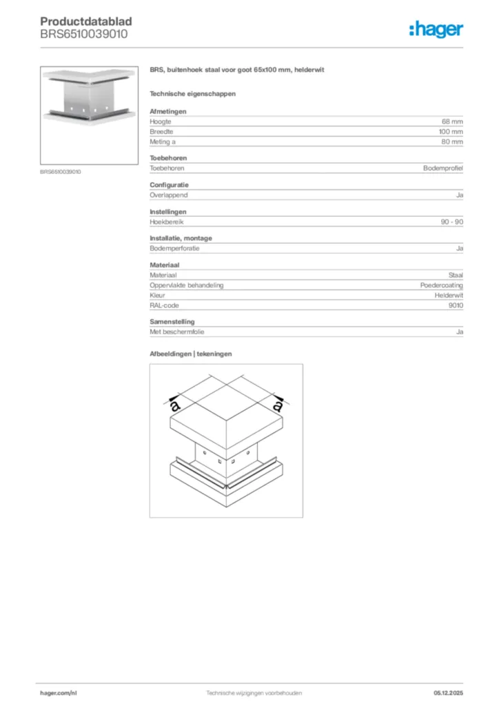 Afbeelding Hager Productdatablad BRS6510039010 | Hager Nederland