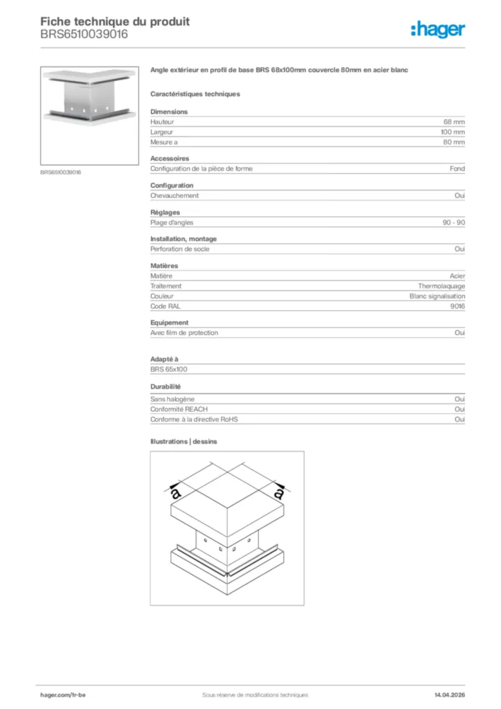 Image Hager Fiche technique du produit BRS6510039016 | Hager Belgique