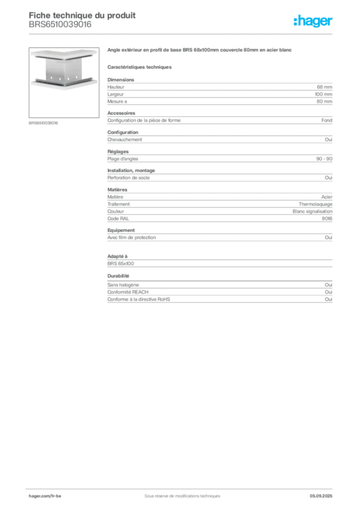 Image Hager Fiche technique du produit BRS6510039016 | Hager Belgique