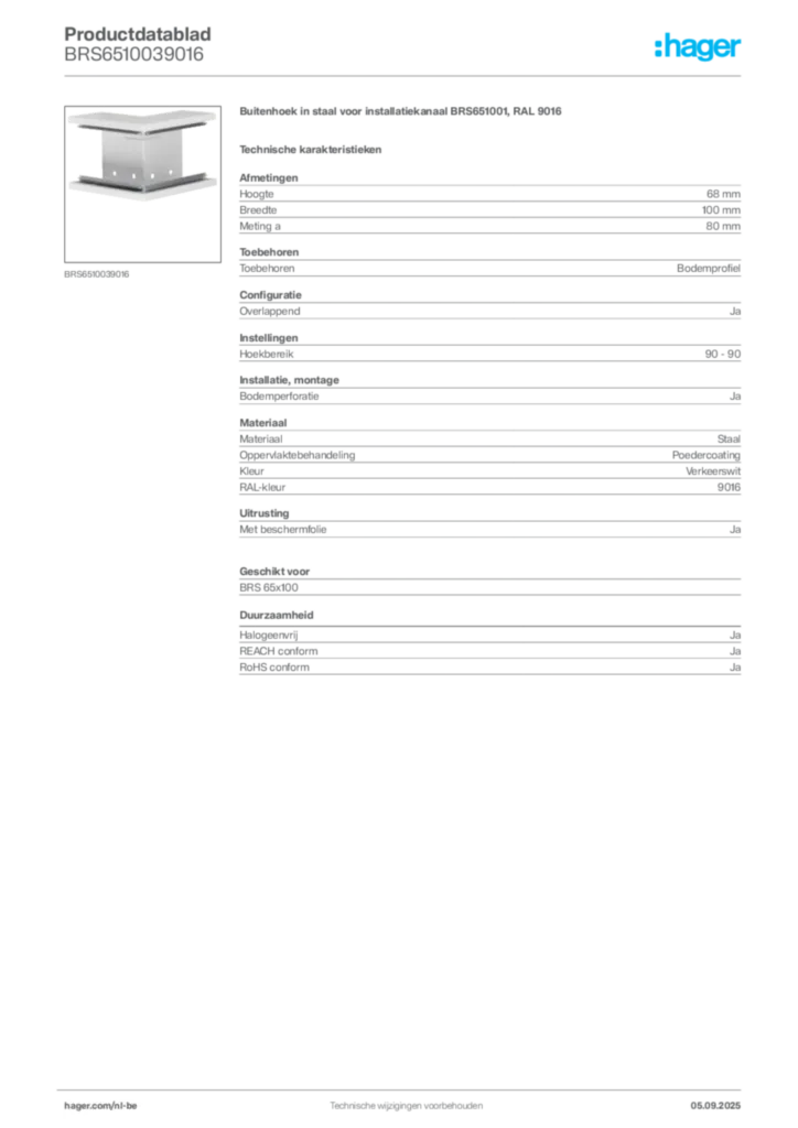 Afbeelding Hager Productdatablad BRS6510039016 | Hager Belgium