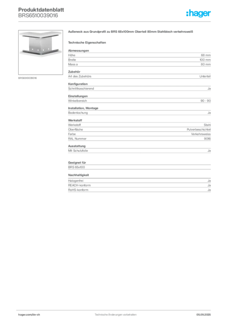 Bild Hager Produktdatenblatt BRS6510039016 | Hager Schweiz