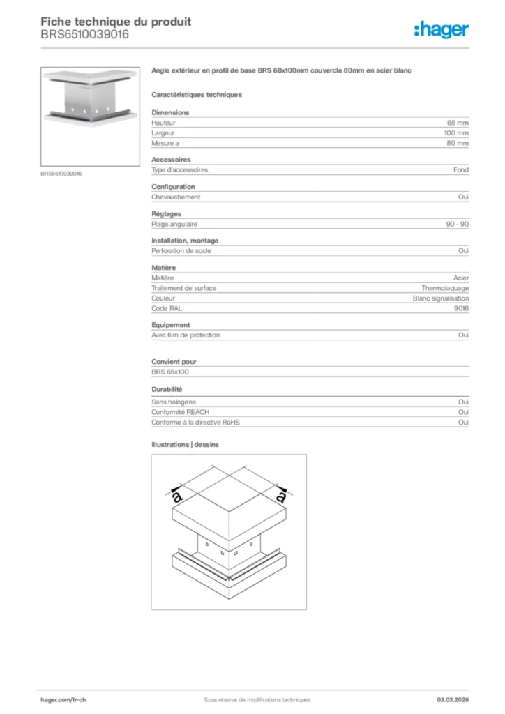 Image Hager Fiche technique du produit BRS6510039016 | Hager Suisse