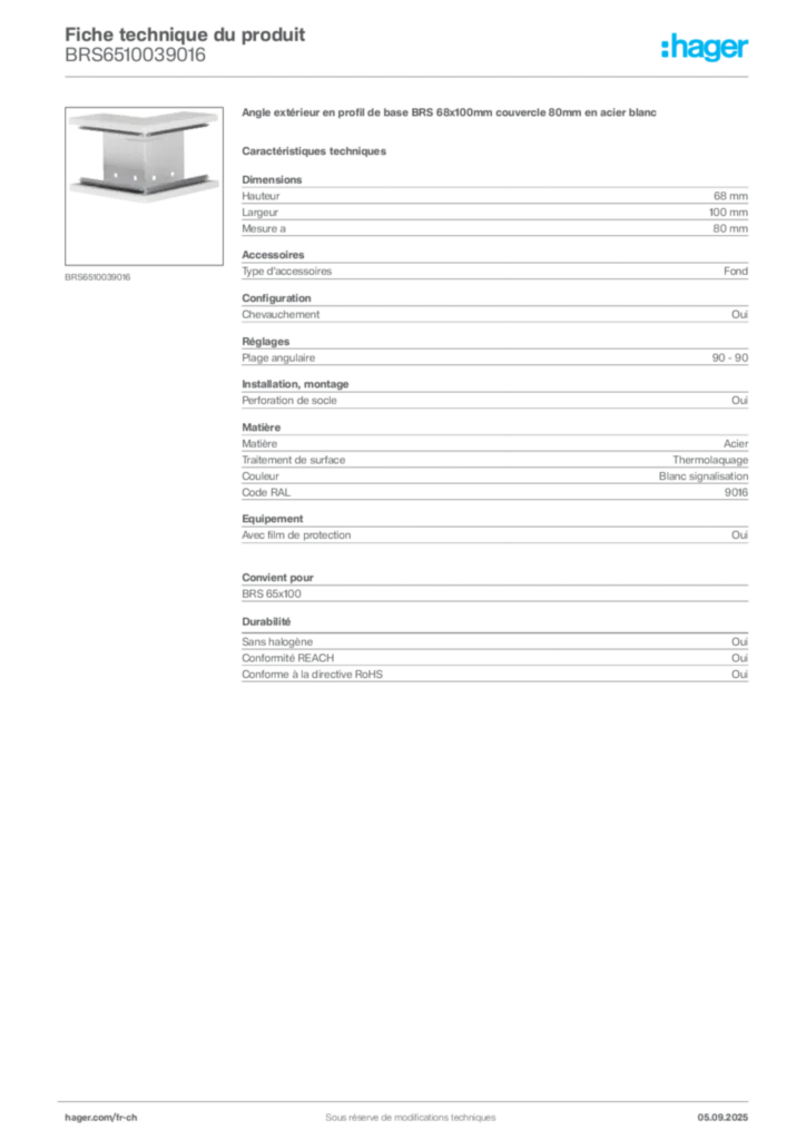 Image Hager Fiche technique du produit BRS6510039016 | Hager Suisse