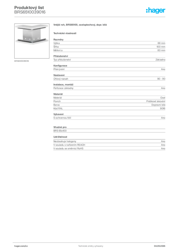 Obrázek Hager Produktový list BRS6510039016 | Hager