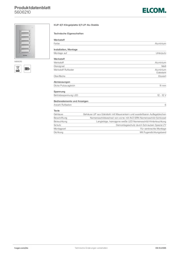 Bild Elcom Produktdatenblatt 5606210 | Hager Deutschland