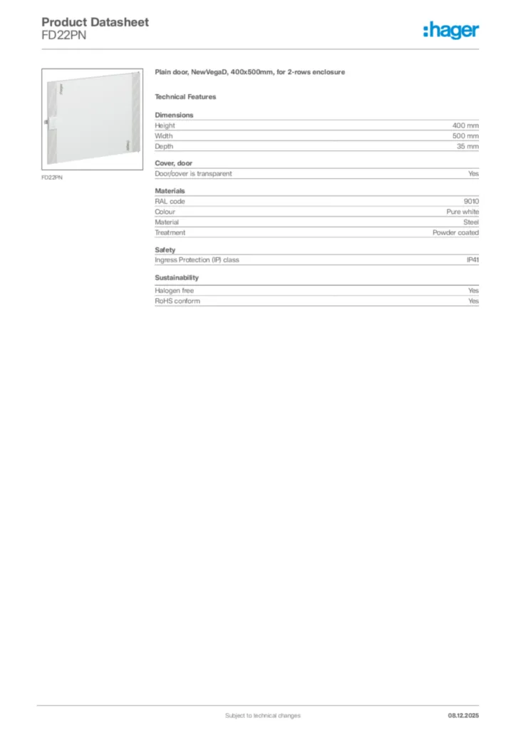 Image Hager Product data sheet FD22PN  | Hager Africa