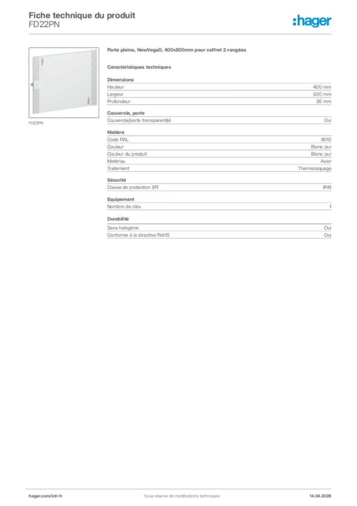 Image Hager Fiche technique du produit FD22PN | Hager Afrique