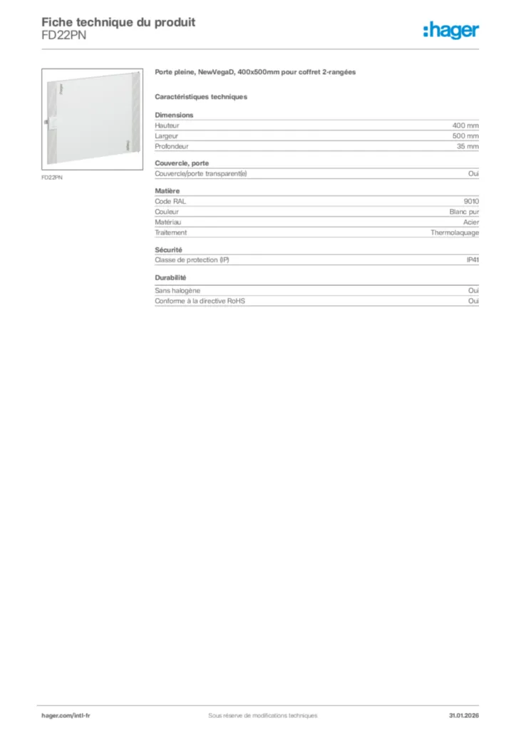 Image Hager Fiche technique du produit FD22PN | Hager Afrique