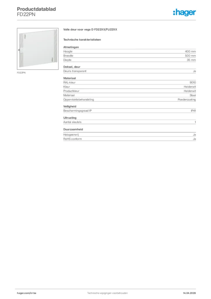 Afbeelding Hager Productdatablad FD22PN | Hager Belgium