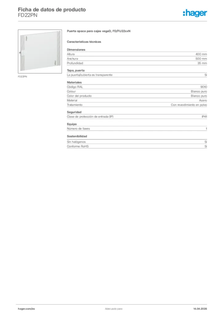 Imagen Hager Ficha de datos de producto FD22PN | Hager España