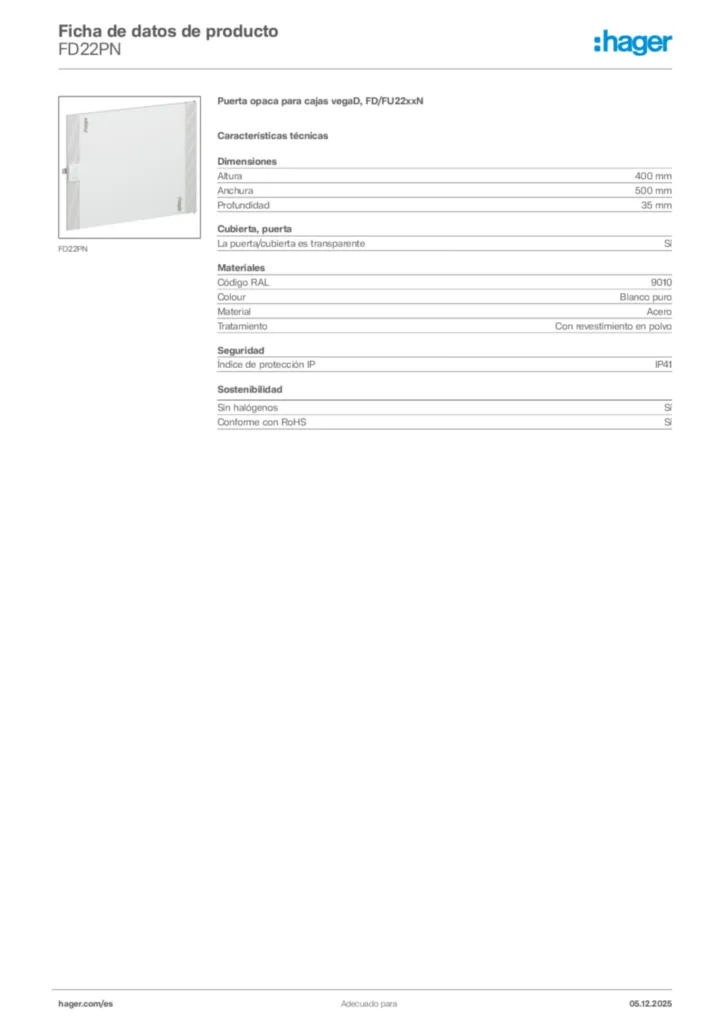 Imagen Hager Ficha de datos de producto FD22PN | Hager España