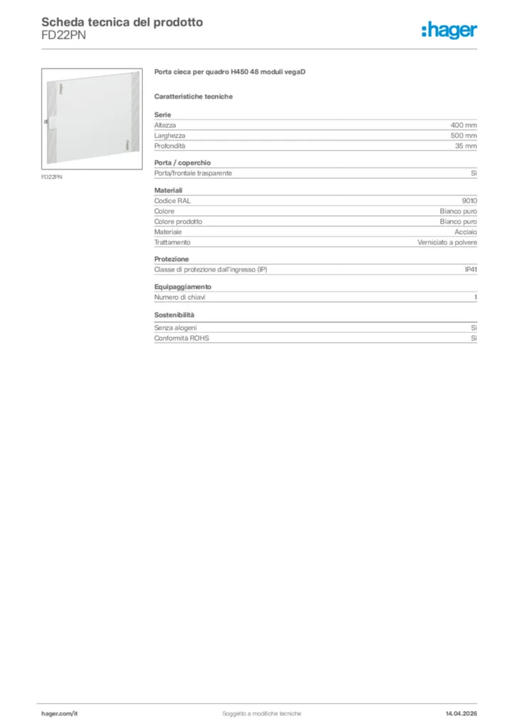 Immagine Hager Scheda tecnica del prodotto FD22PN | Hager Italia