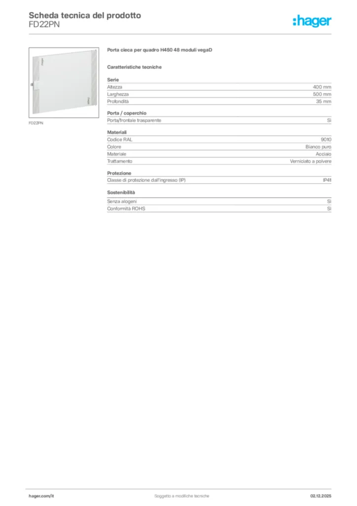 Immagine Hager Scheda tecnica del prodotto FD22PN | Hager Italia