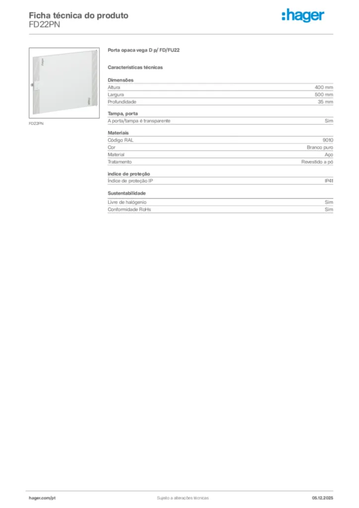 Imagem Hager Ficha técnica do produto FD22PN | Hager Portugal