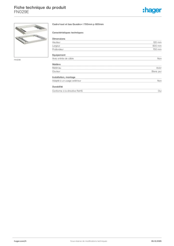 Image Hager Fiche technique du produit FN029E | Hager France