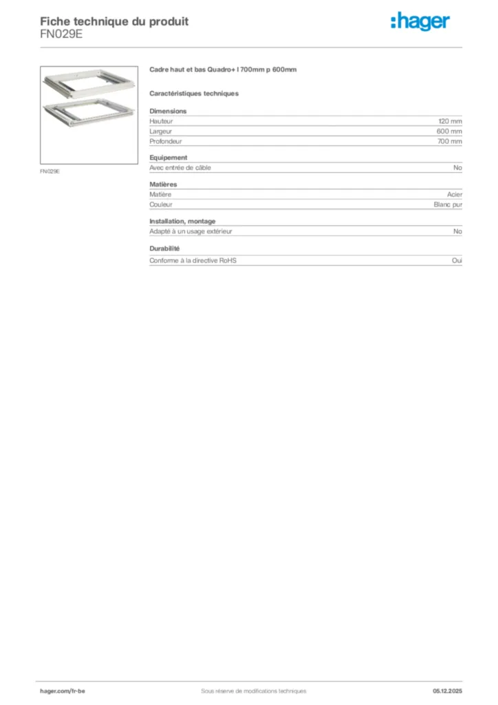 Image Hager Fiche technique du produit FN029E | Hager Belgique