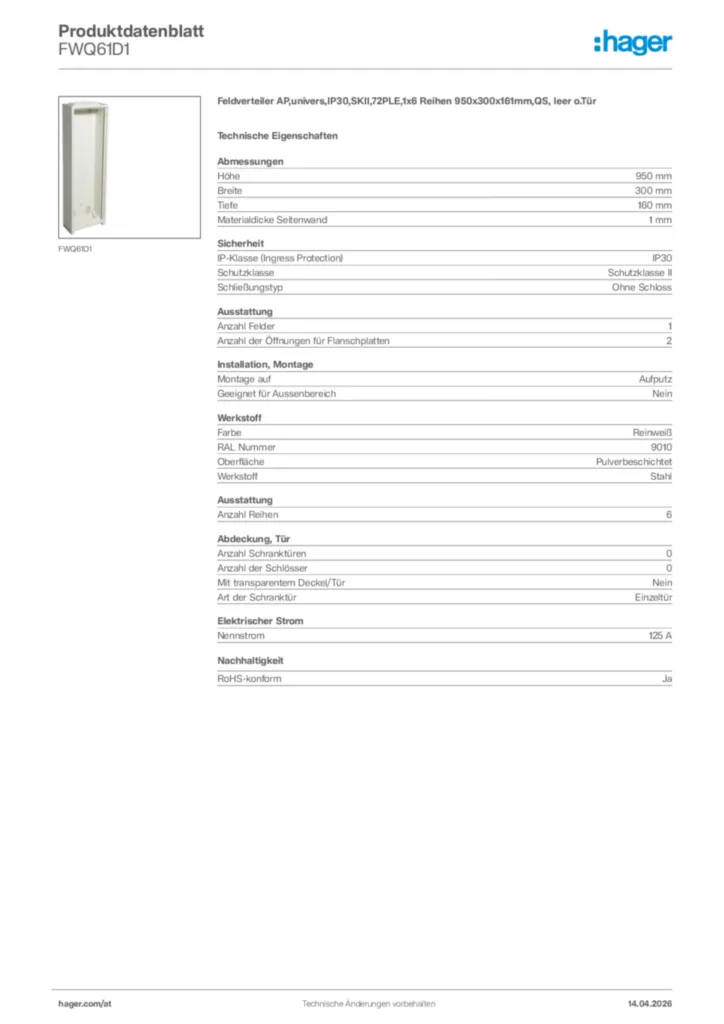 Bild Hager Produktdatenblatt FWQ61D1 | Hager Deutschland