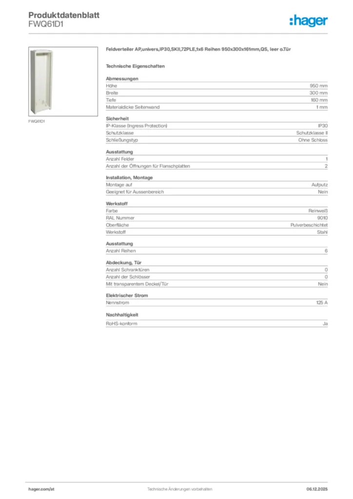 Bild Hager Produktdatenblatt FWQ61D1 | Hager Deutschland