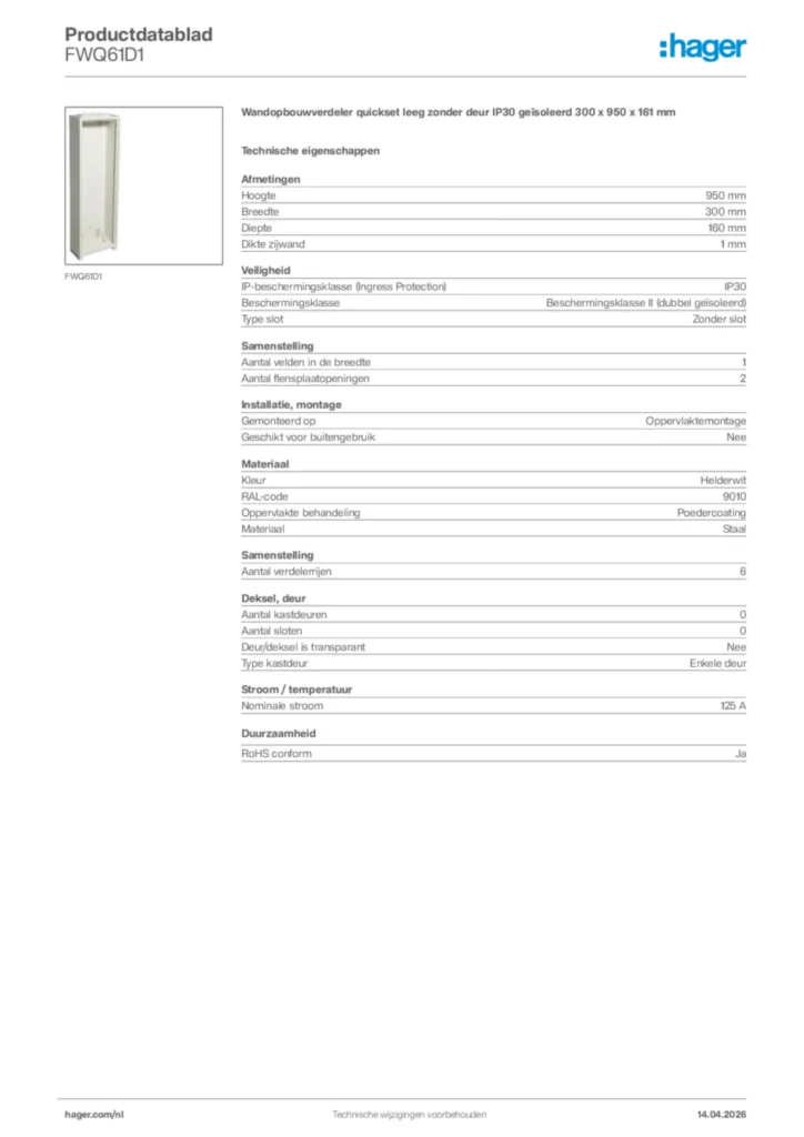 Afbeelding Hager Productdatablad FWQ61D1 | Hager Nederland