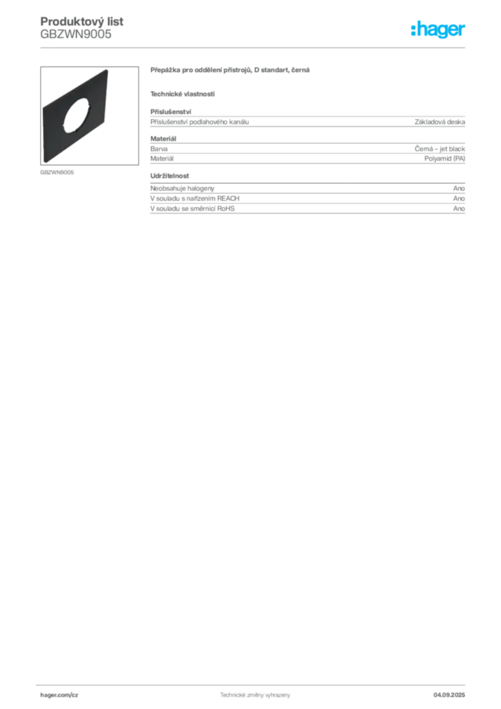 Obrázek Hager Produktový list GBZWN9005 | Hager