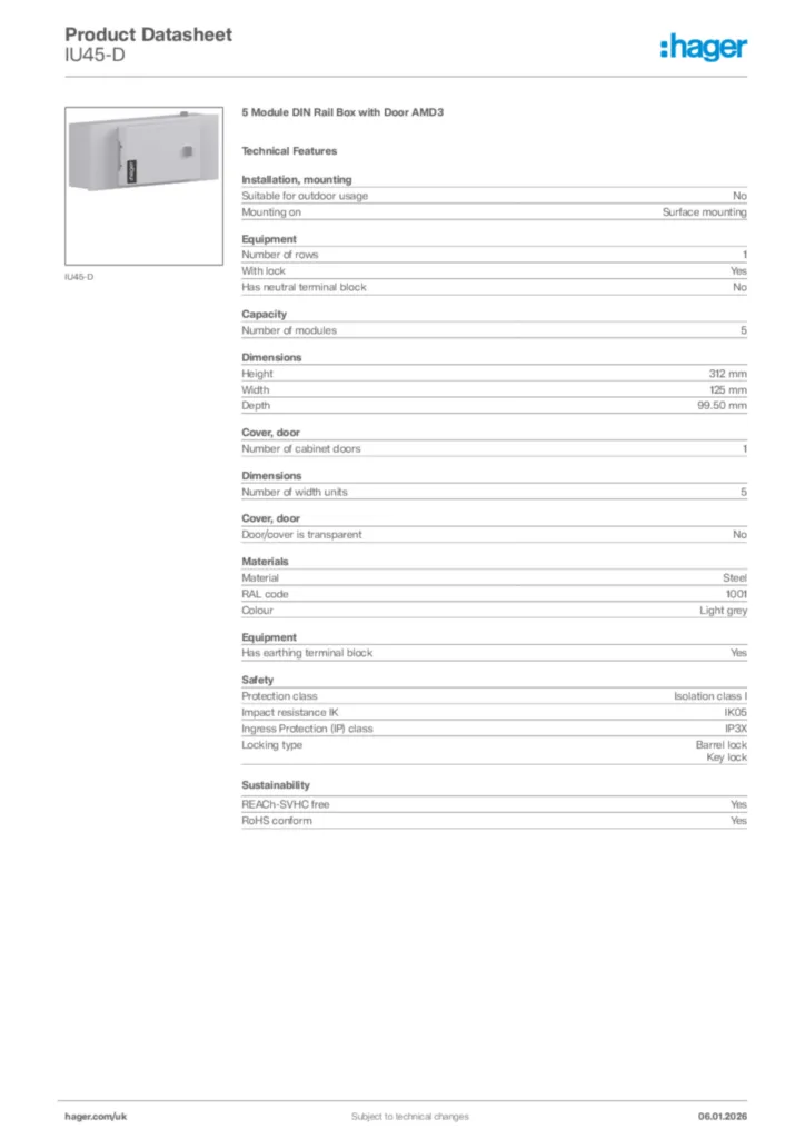 Image Hager Product data sheet IU45-D  | Hager