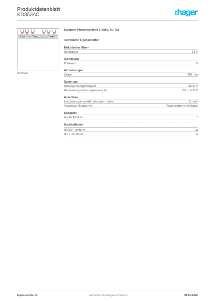 Bild Hager Produktdatenblatt KD353AC | Hager Schweiz