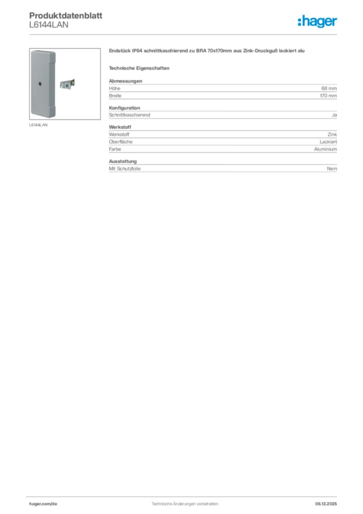 Bild Hager Produktdatenblatt L6144LAN | Hager Deutschland