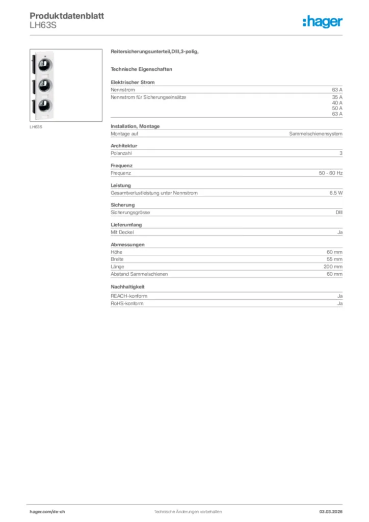 Bild Hager Produktdatenblatt LH63S | Hager Schweiz