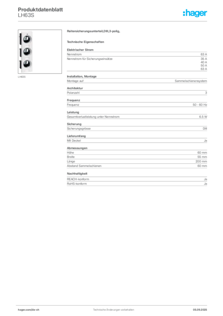Bild Hager Produktdatenblatt LH63S | Hager Schweiz