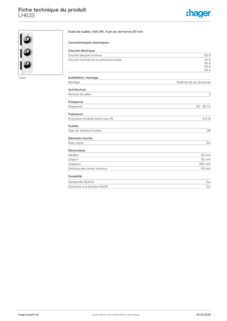 Image Hager Fiche technique du produit LH63S | Hager Suisse