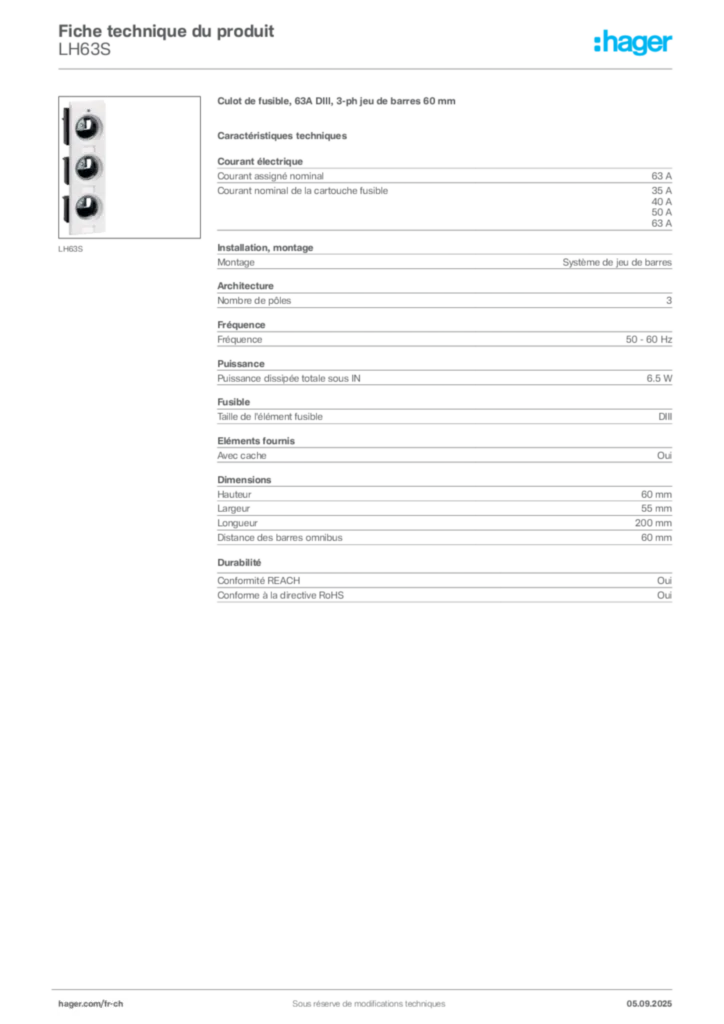 Image Hager Fiche technique du produit LH63S | Hager Suisse
