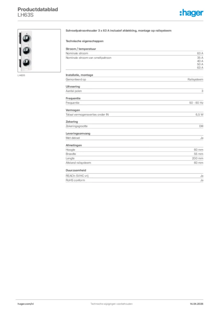 Afbeelding Hager Productdatablad LH63S | Hager Nederland
