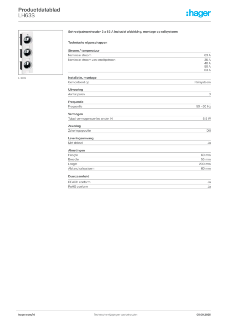 Afbeelding Hager Productdatablad LH63S | Hager Nederland