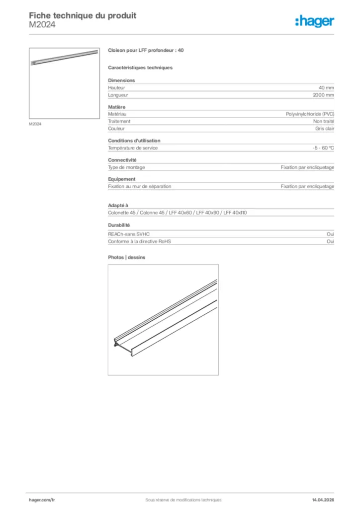 Image Hager Fiche technique du produit M2024 | Hager France