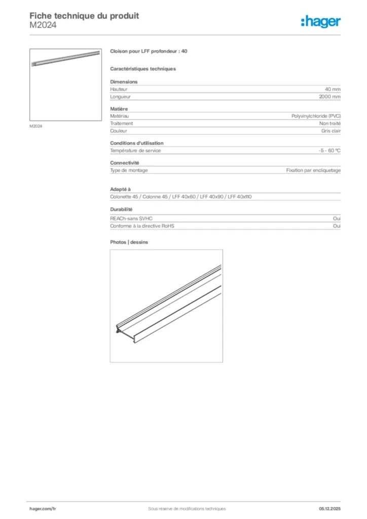 Image Hager Fiche technique du produit M2024 | Hager France