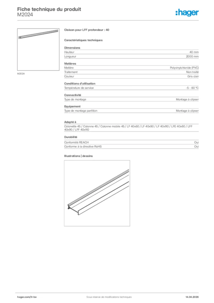 Image Hager Fiche technique du produit M2024 | Hager Belgique