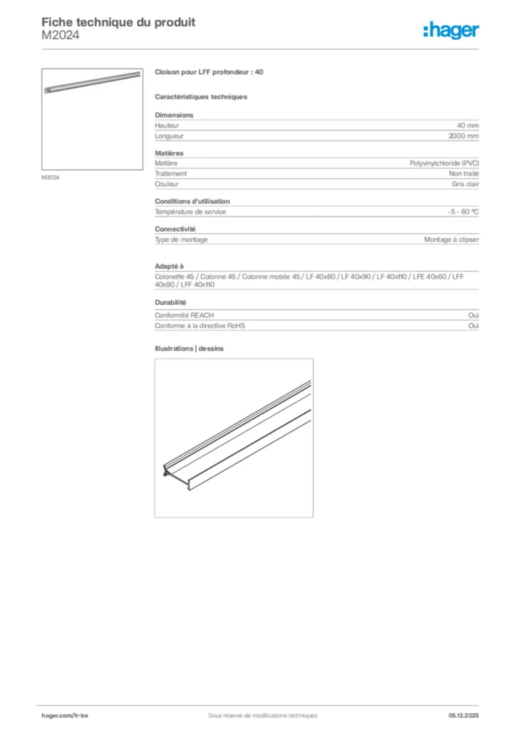 Image Hager Fiche technique du produit M2024 | Hager Belgique