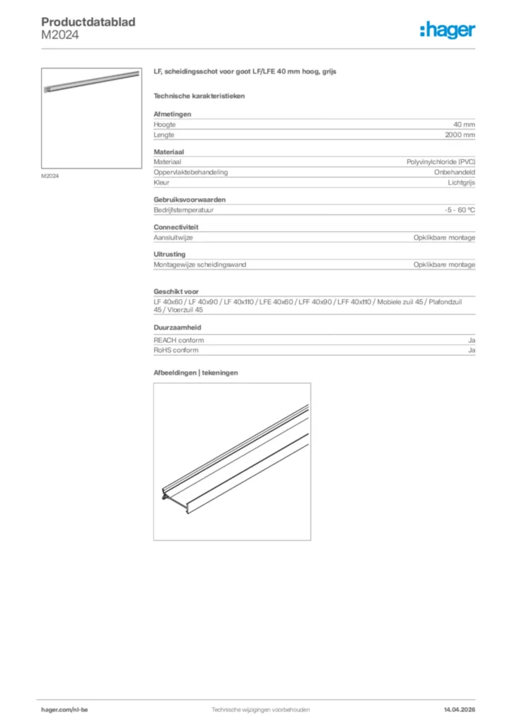 Afbeelding Hager Productdatablad M2024 | Hager Belgium