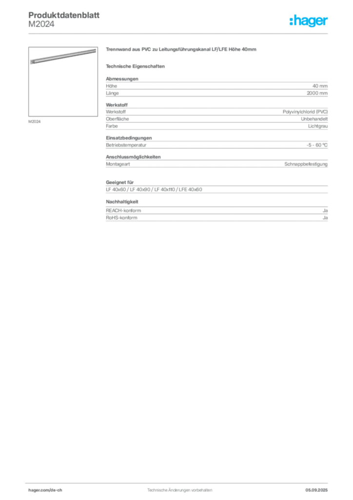 Bild Hager Produktdatenblatt M2024 | Hager Schweiz