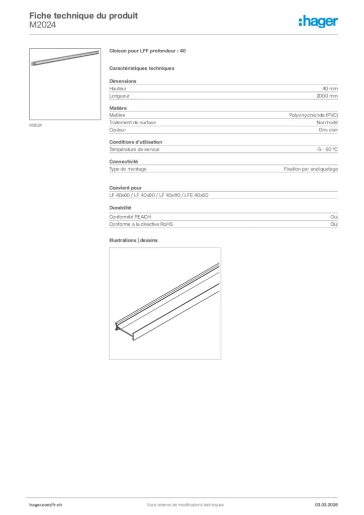 Image Hager Fiche technique du produit M2024 | Hager Suisse