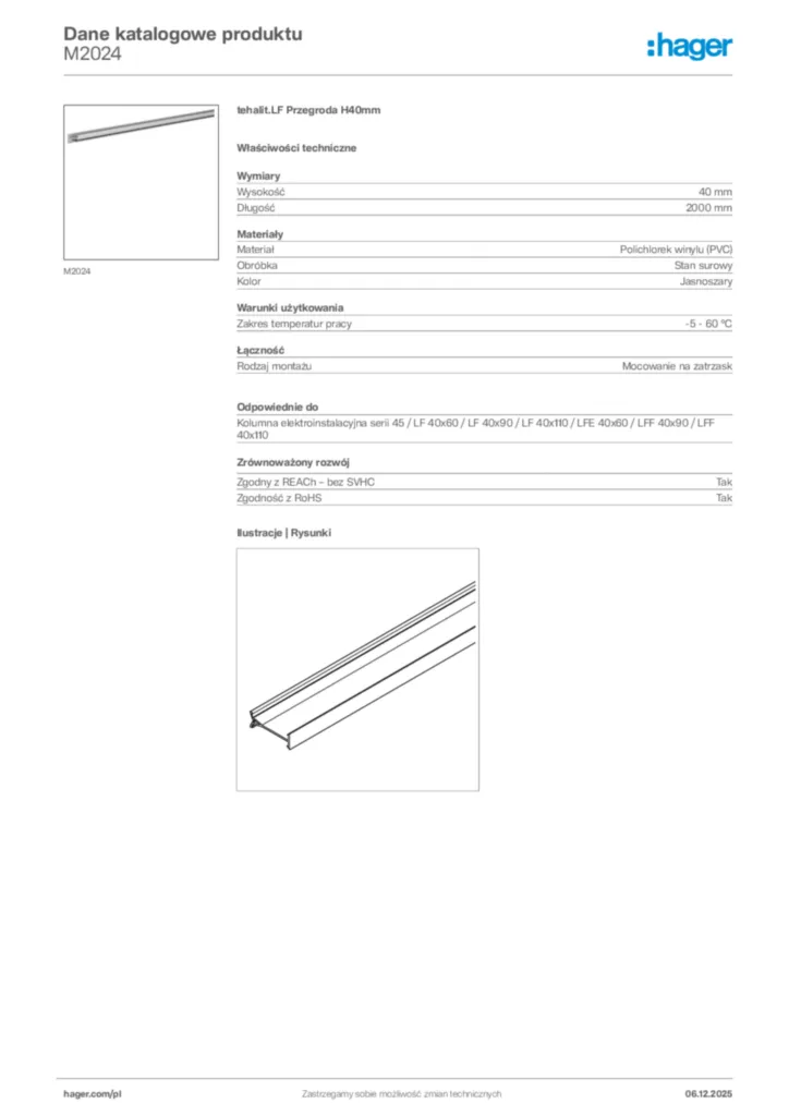 Zdjęcie Hager Dane katalogowe produktu M2024 | Hager Polska