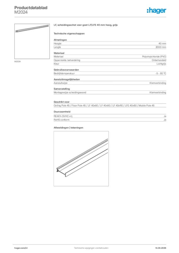 Afbeelding Hager Productdatablad M2024 | Hager Nederland