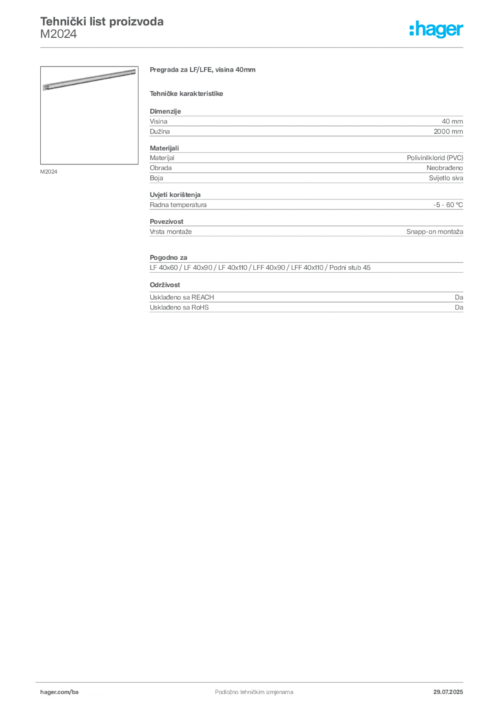 Slika Hager Product data sheet M2024  | Hager