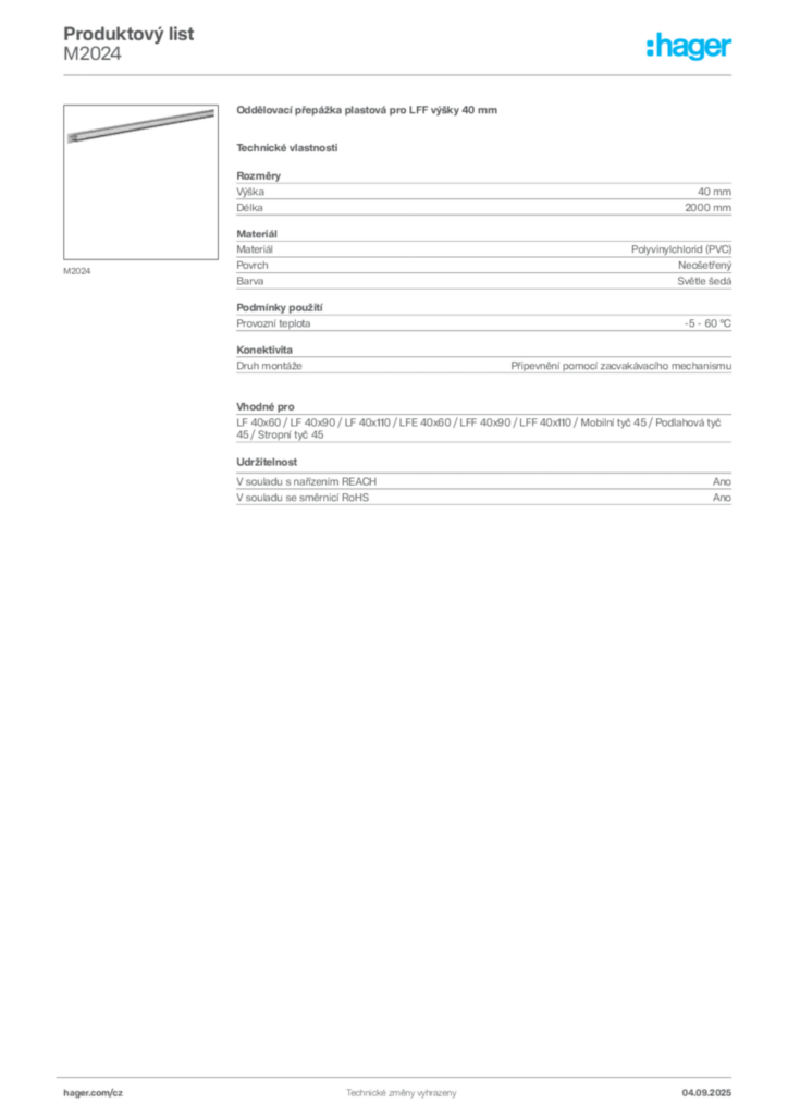 Obrázek Hager Produktový list M2024 | Hager