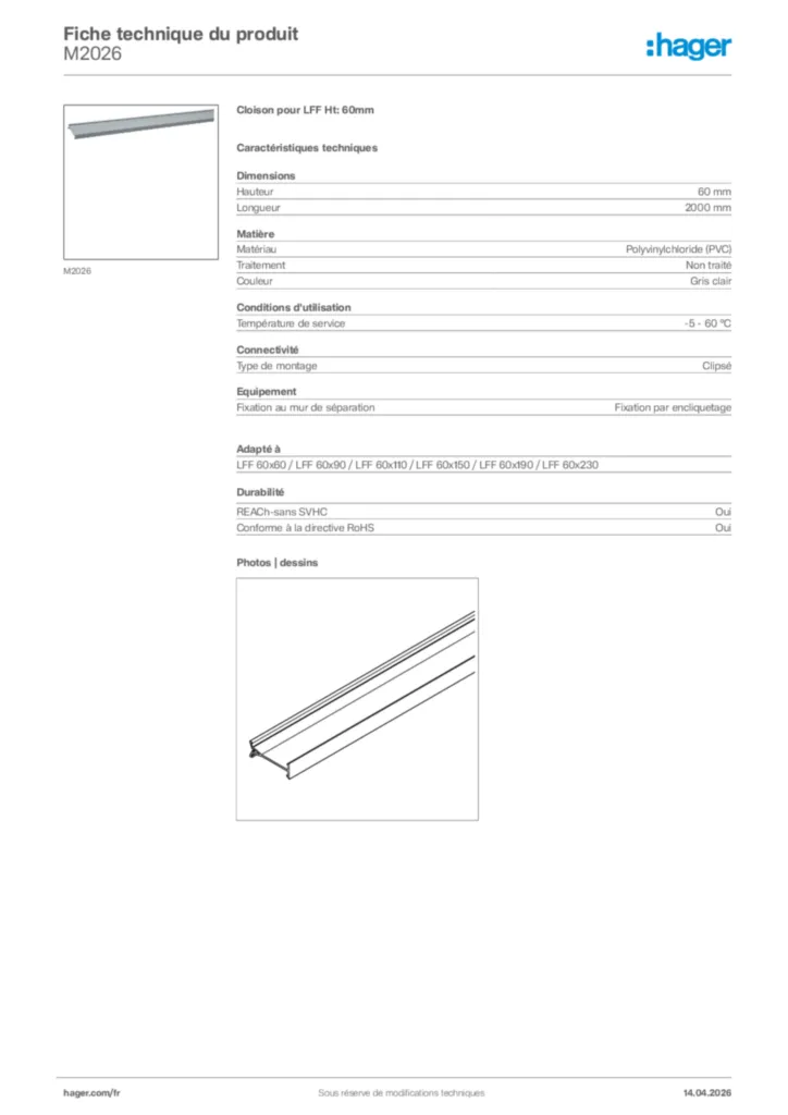 Image Hager Fiche technique du produit M2026 | Hager France