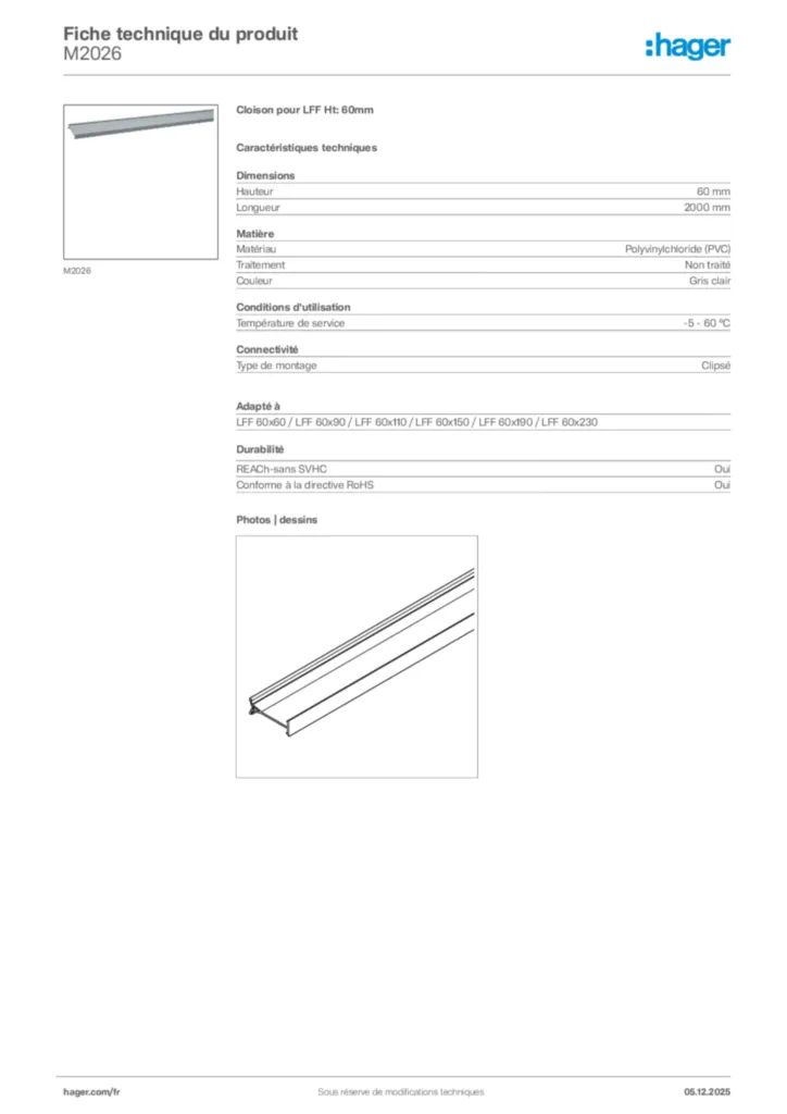 Image Hager Fiche technique du produit M2026 | Hager France
