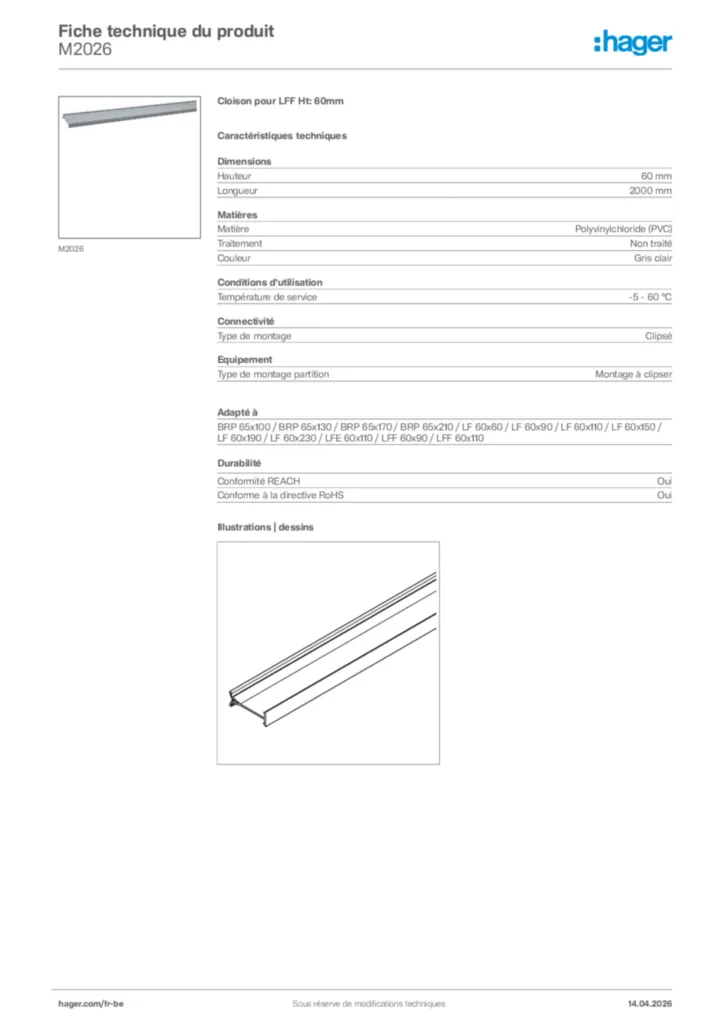 Image Hager Fiche technique du produit M2026 | Hager Belgique