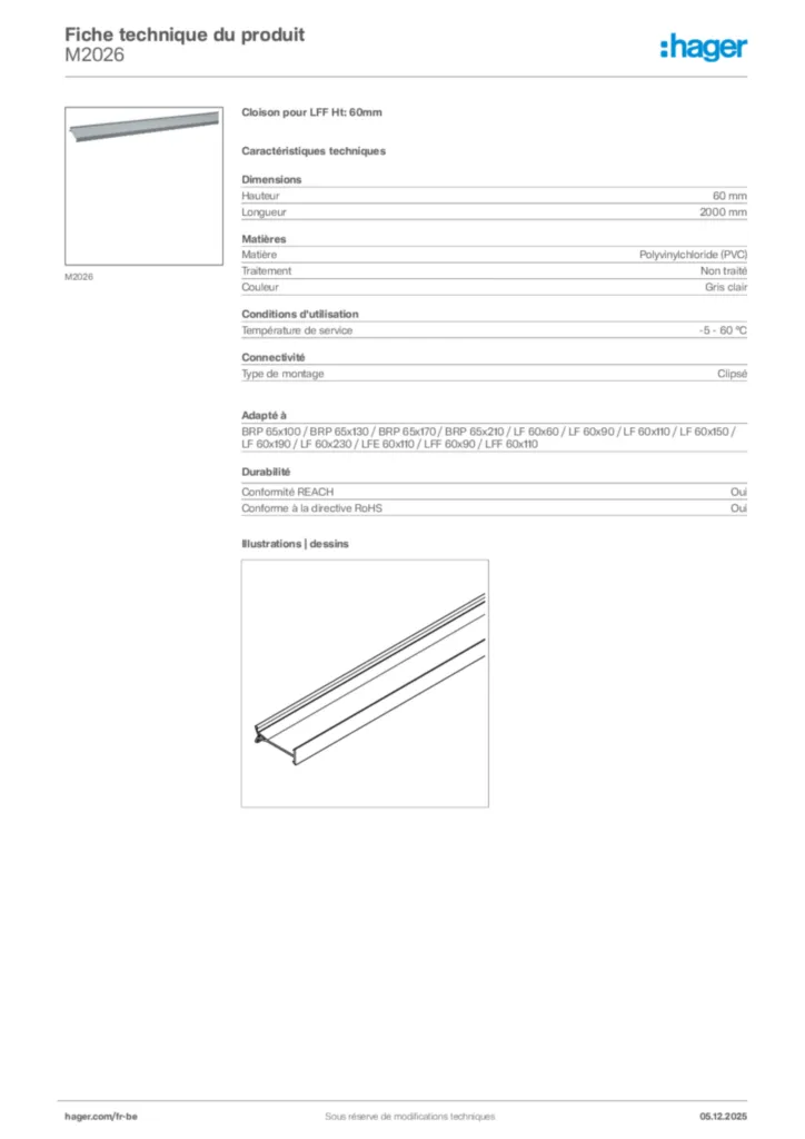 Image Hager Fiche technique du produit M2026 | Hager Belgique